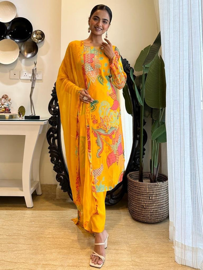 Bright Yellow Floral Chinnon Set