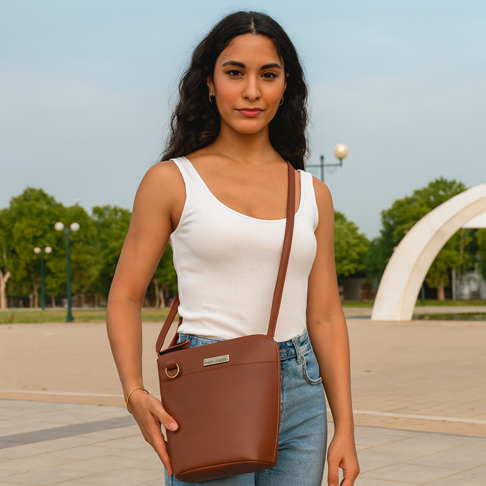Women's brown leather crossbody shoulder sling bag for work, travel, and daily use-model image