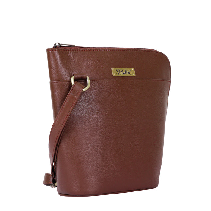 Women's brown leather crossbody shoulder sling bag for work, travel, and daily use-half side view
