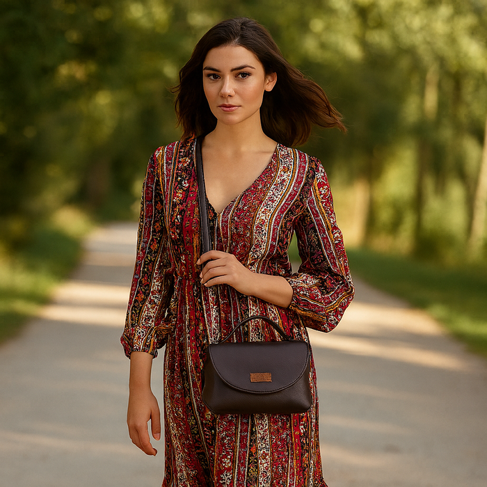 Women’s brown vegan leather top handle crossbody sling shoulder bag-model image