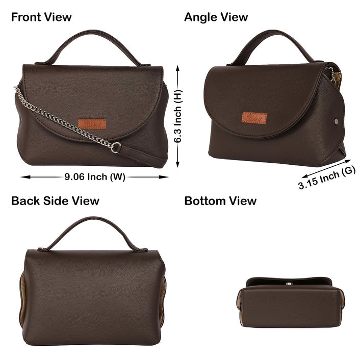 Women’s brown vegan leather top handle crossbody sling shoulder bag-infographic image