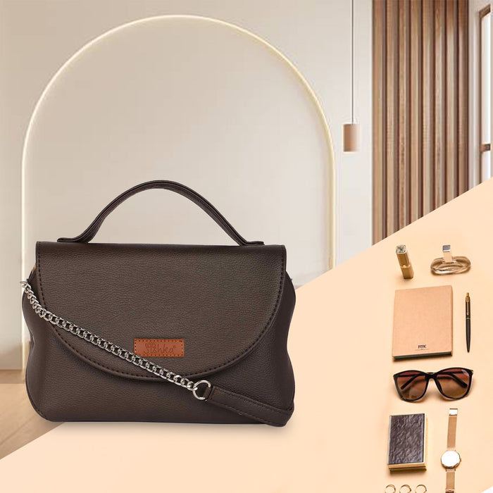 Women’s brown vegan leather top handle crossbody sling shoulder bag-feature view
