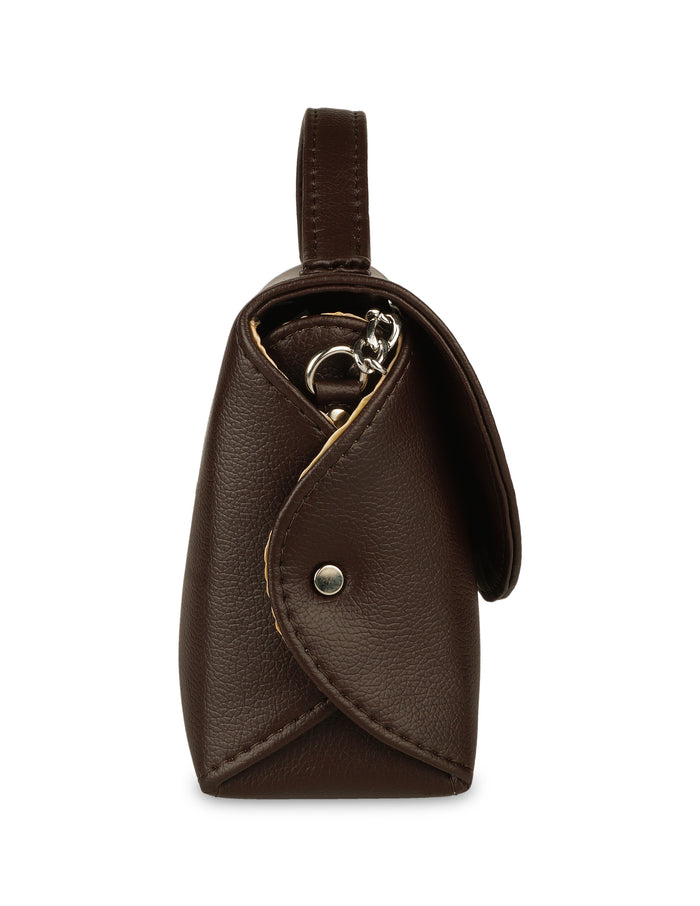 Women’s brown vegan leather top handle crossbody sling shoulder bag-side view