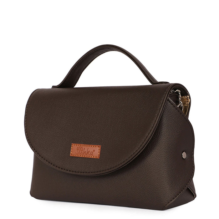 Women’s brown vegan leather top handle crossbody sling shoulder bag-half side view