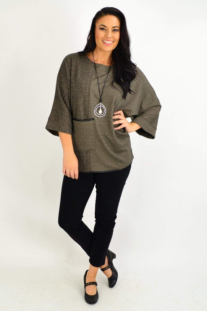 Brown wide-sleeve pocket tunic top by Whispers, featuring a relaxed fit, deep pockets, and stylish wide sleeves.