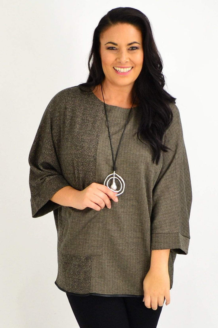 Taupe-brown Whispers wide sleeve pocket tunic top with a relaxed fit, featuring large front pockets and a cozy winter style.