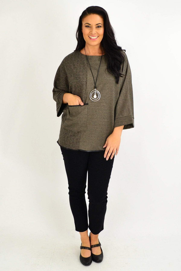 Taupe-brown Whispers tunic top with wide sleeves, pocket detail, and a relaxed fit, perfect for casual winter wear.
