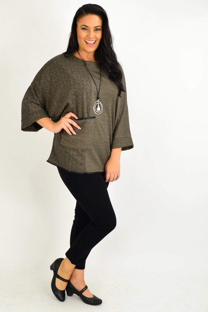 Brown wide sleeve pocket tunic top by Whispers, featuring a relaxed fit with large pockets and wide sleeves, casual and stylish.