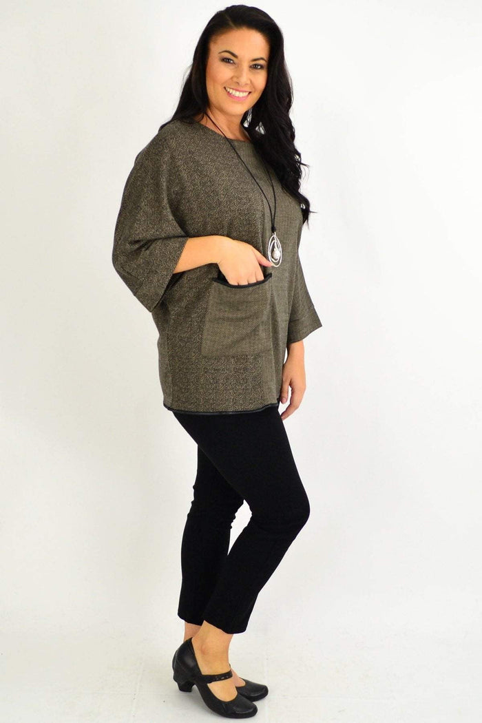 Taupe-brown Whispers tunic top with wide sleeves and front pockets, featuring a relaxed winter style.