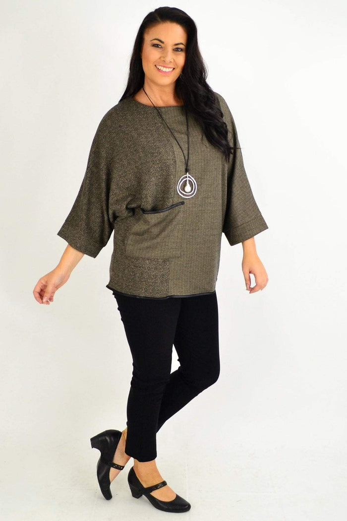 Taupe brown Whispers wide sleeve pocket tunic top with a relaxed fit, displayed on a hanger against a plain background.