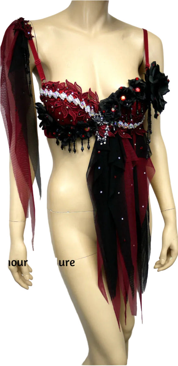 Burgundy Red and Black Goth Fairy Bra Top