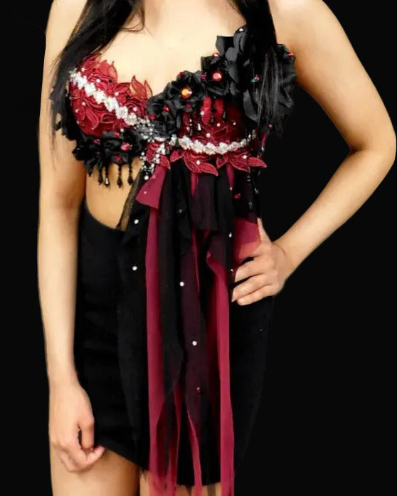 Burgundy Red and Black Goth Fairy Bra Top