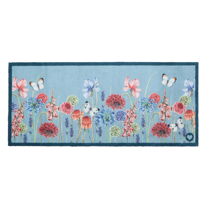 Butterfly Garden Blue Runner- 100% recycled cotton runner featuring a wildflower garden and butterflies.
