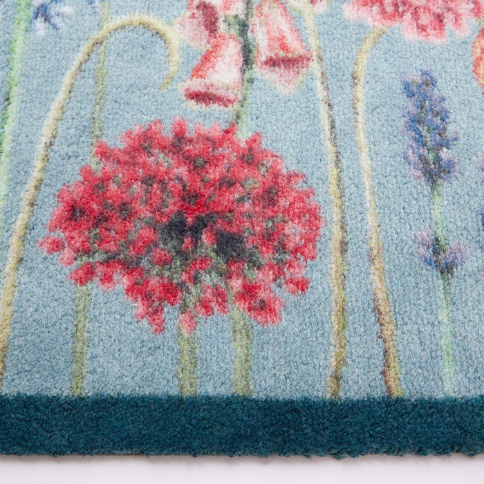 Butterfly Garden Blue Runner- 100% recycled cotton runner featuring a wildflower garden and butterflies.