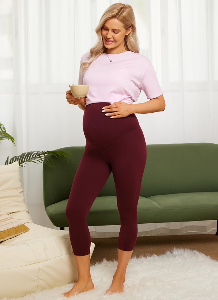 CRZ YOGA Women's Maternity Leggings Super High Rise Butterluxe 21'' Red Merlot