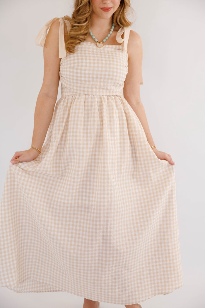 Beige Gingham Maxi Dress- Neutral Vacation Beach Dress- Cloud Ten Tan Gingham Dress