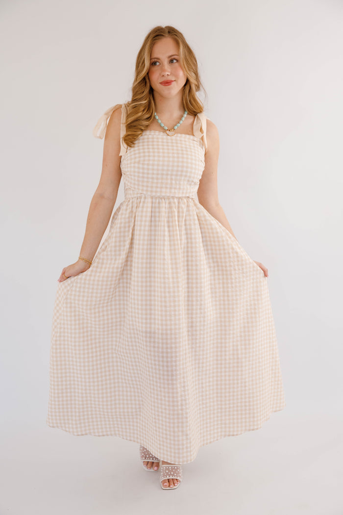 Beige Gingham Maxi Dress- Neutral Vacation Beach Dress- Cloud Ten Tan Gingham Dress