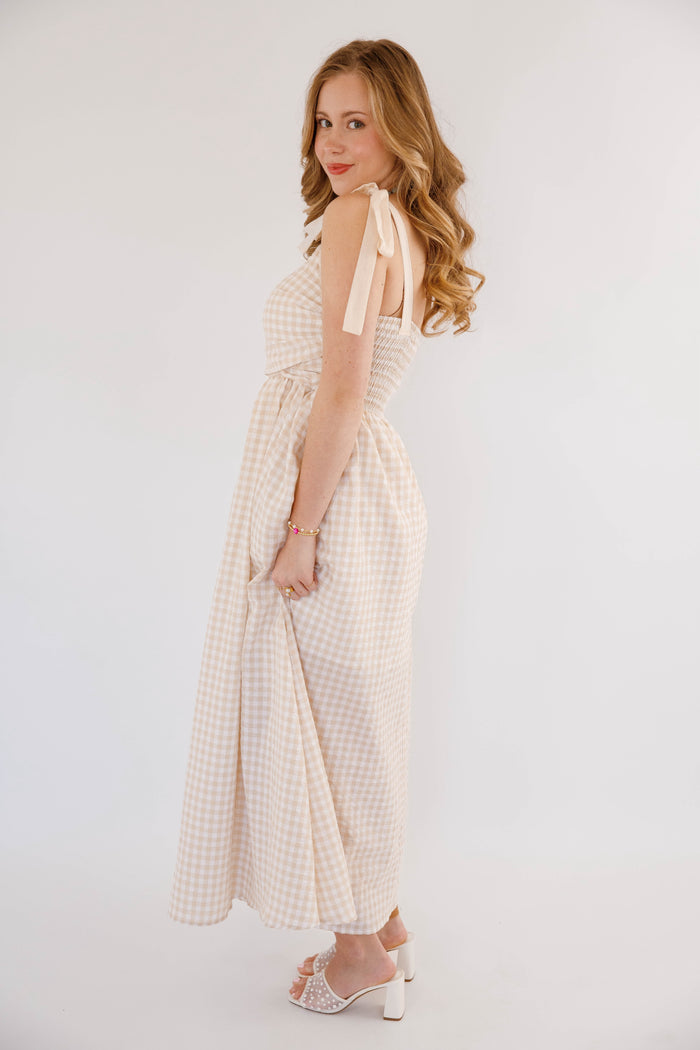 Beige Gingham Maxi Dress- Neutral Vacation Beach Dress- Cloud Ten Tan Gingham Dress