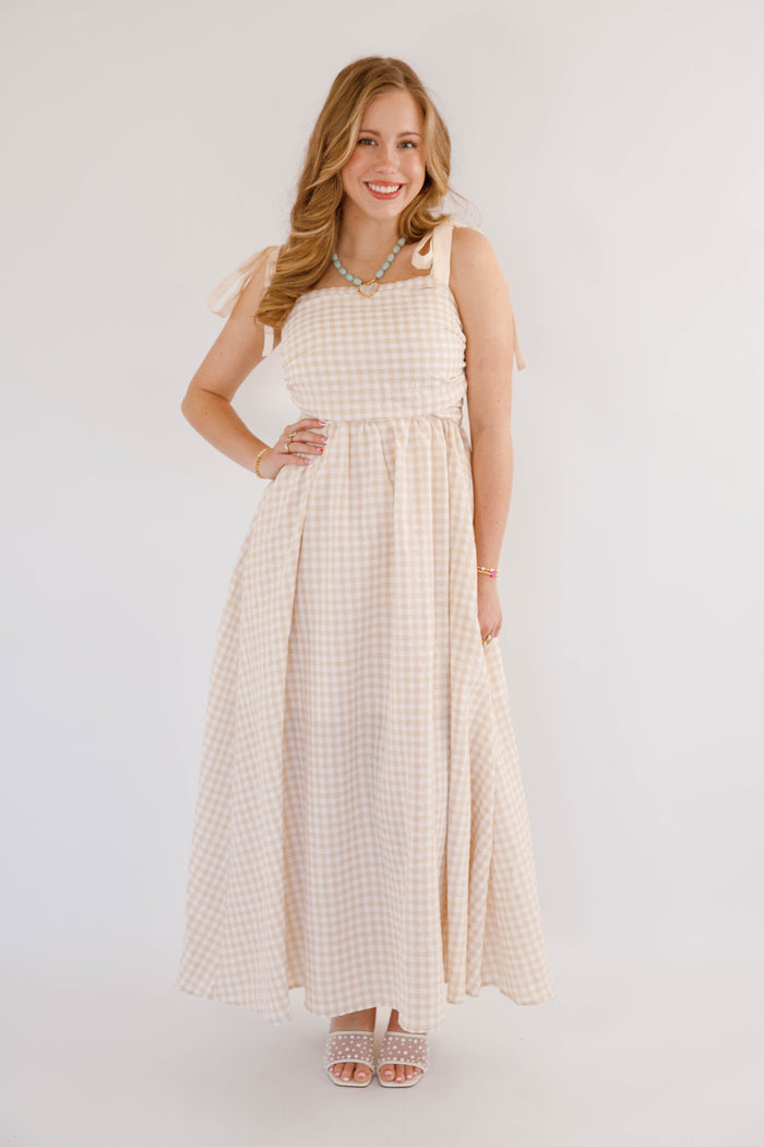 Beige Gingham Maxi Dress- Neutral Vacation Beach Dress- Cloud Ten Tan Gingham Dress