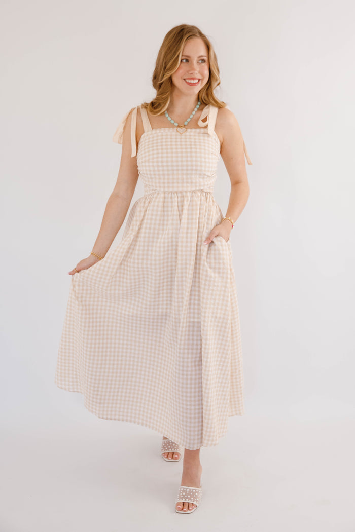 Beige Gingham Maxi Dress- Neutral Vacation Beach Dress- Cloud Ten Tan Gingham Dress