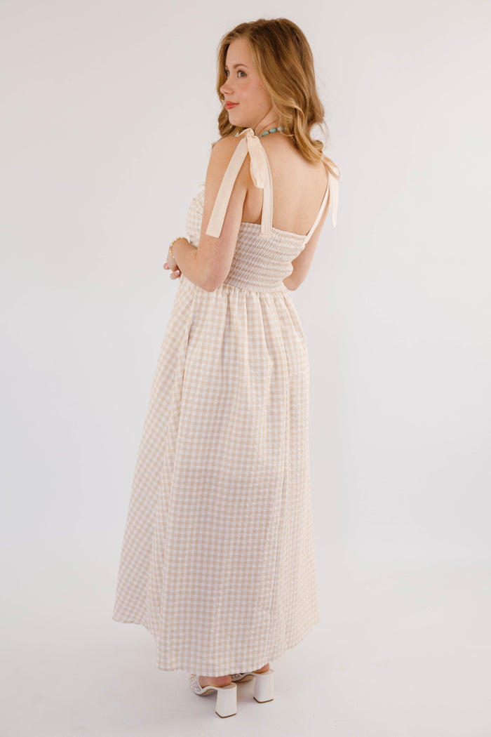 Beige Gingham Maxi Dress- Neutral Vacation Beach Dress- Cloud Ten Tan Gingham Dress