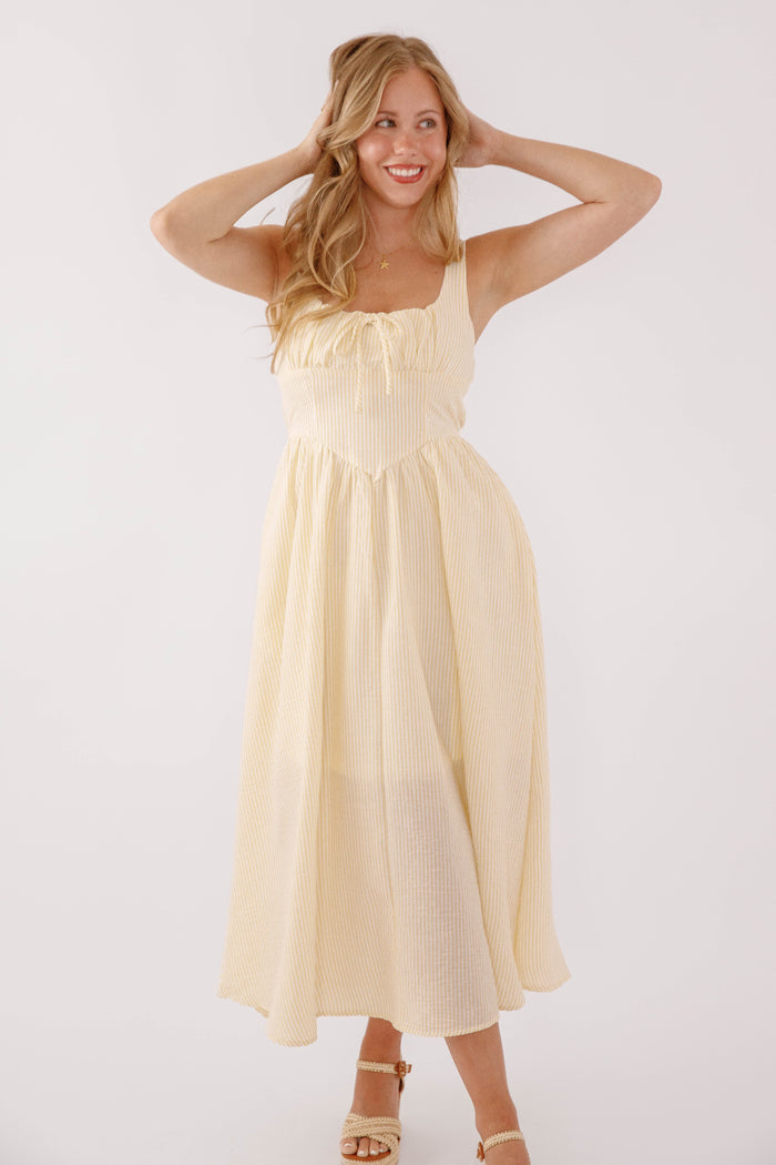 Yellow Corset Style Midi Dress- Striped Corset Midi Dress- Preppy Yellow Striped Midi Dress