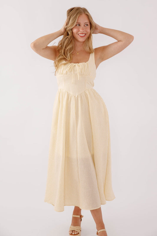 Yellow Corset Style Midi Dress- Striped Corset Midi Dress- Preppy Yellow Striped Midi Dress