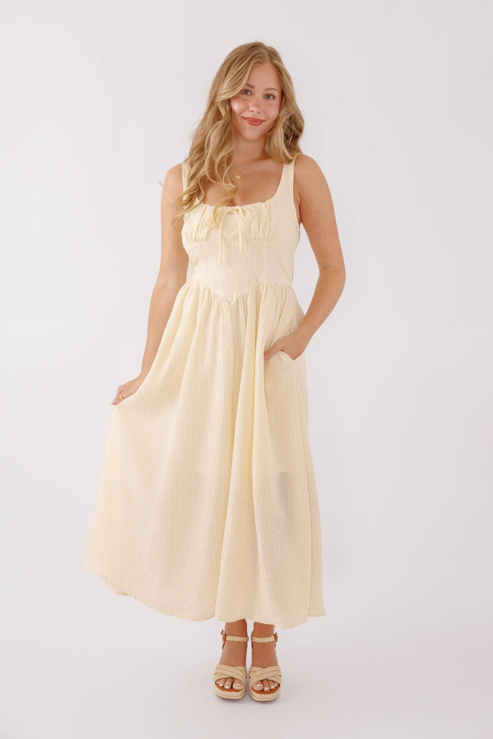 Yellow Corset Style Midi Dress- Striped Corset Midi Dress- Preppy Yellow Striped Midi Dress