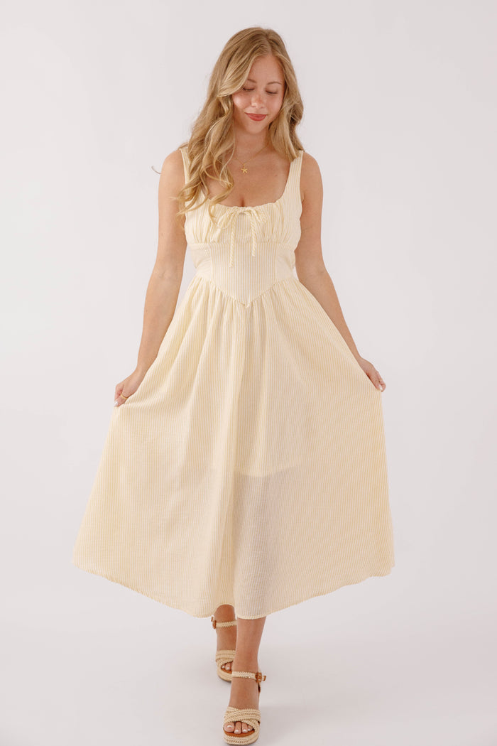 Yellow Corset Style Midi Dress- Striped Corset Midi Dress- Preppy Yellow Striped Midi Dress