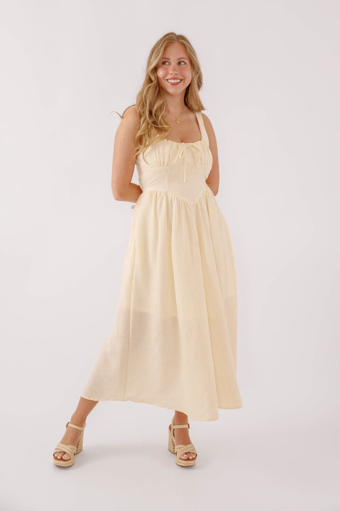 Yellow Corset Style Midi Dress- Striped Corset Midi Dress- Preppy Yellow Striped Midi Dress