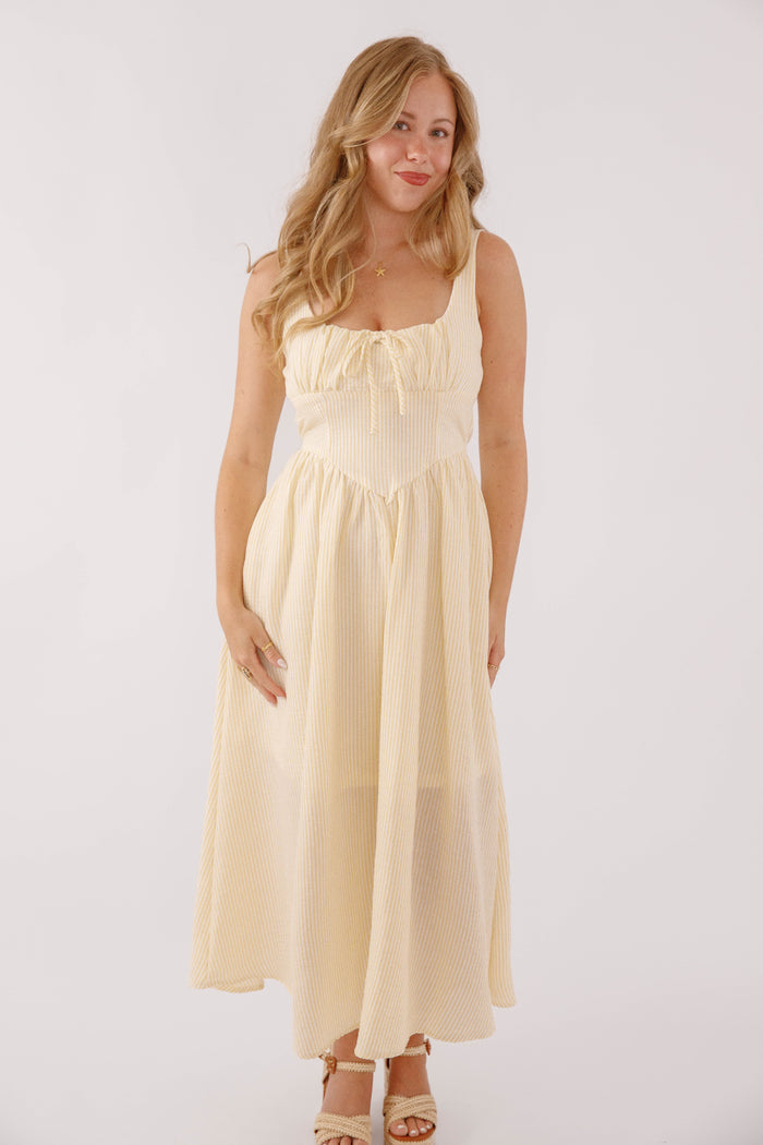 Yellow Corset Style Midi Dress- Striped Corset Midi Dress- Preppy Yellow Striped Midi Dress