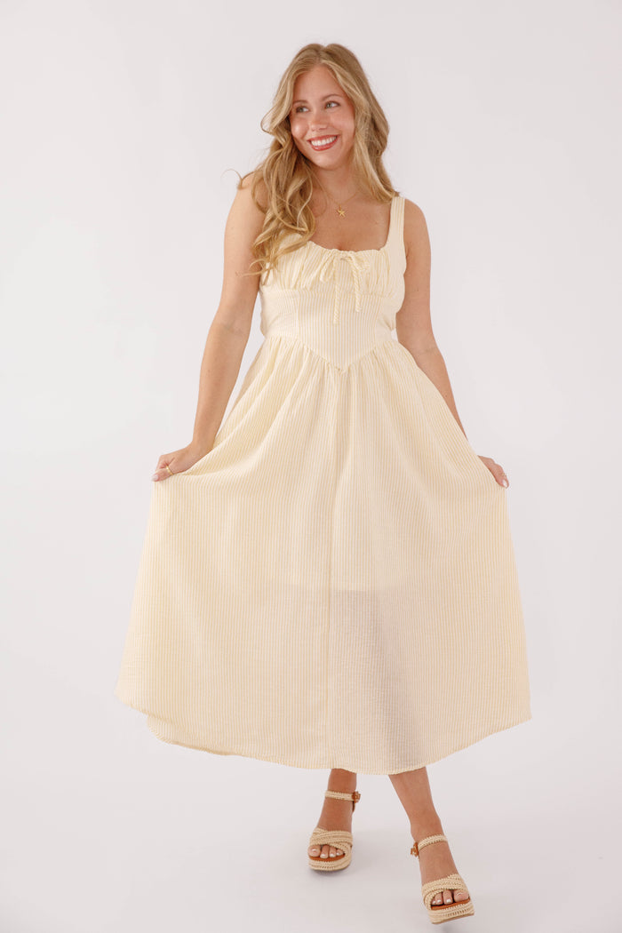 Yellow Corset Style Midi Dress- Striped Corset Midi Dress- Preppy Yellow Striped Midi Dress