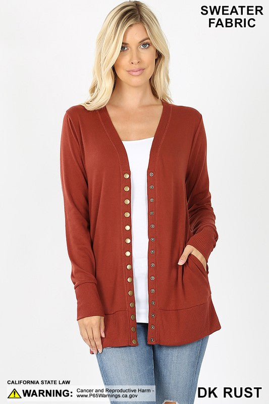 Cardigan Sweater by Zenana - Dark Rust - Snap front w/ pockets