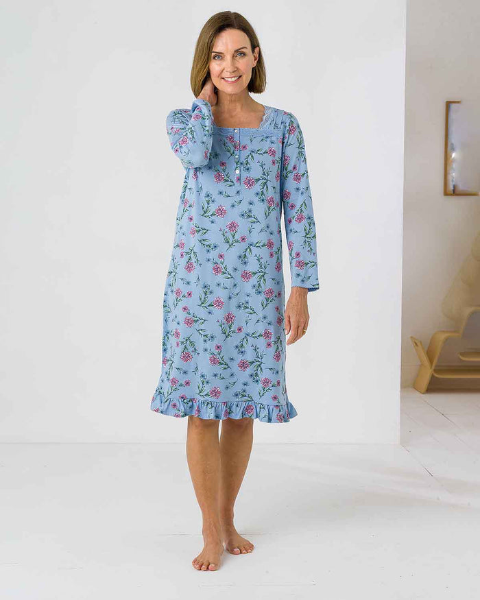 Caroline Floral Long Sleeve Cotton Jersey Nightdress - Image 1 - The Classic Boutique