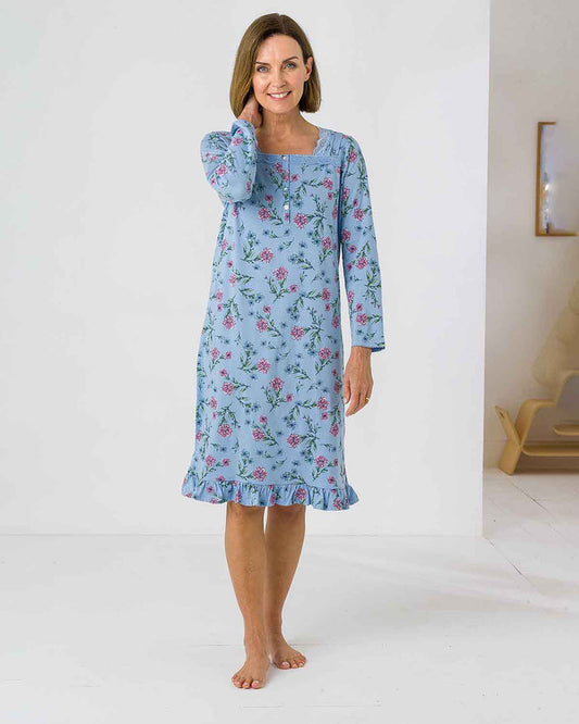 Caroline Floral Long Sleeve Cotton Jersey Nightdress - Image 1 - The Classic Boutique