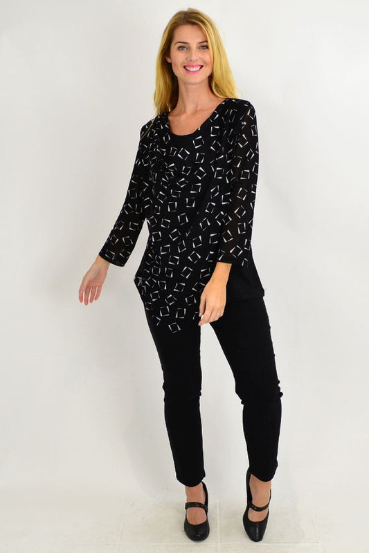 Black and white cowl neck tunic top by Stylius, stylish women's casual black and white tunic with a relaxed fit.