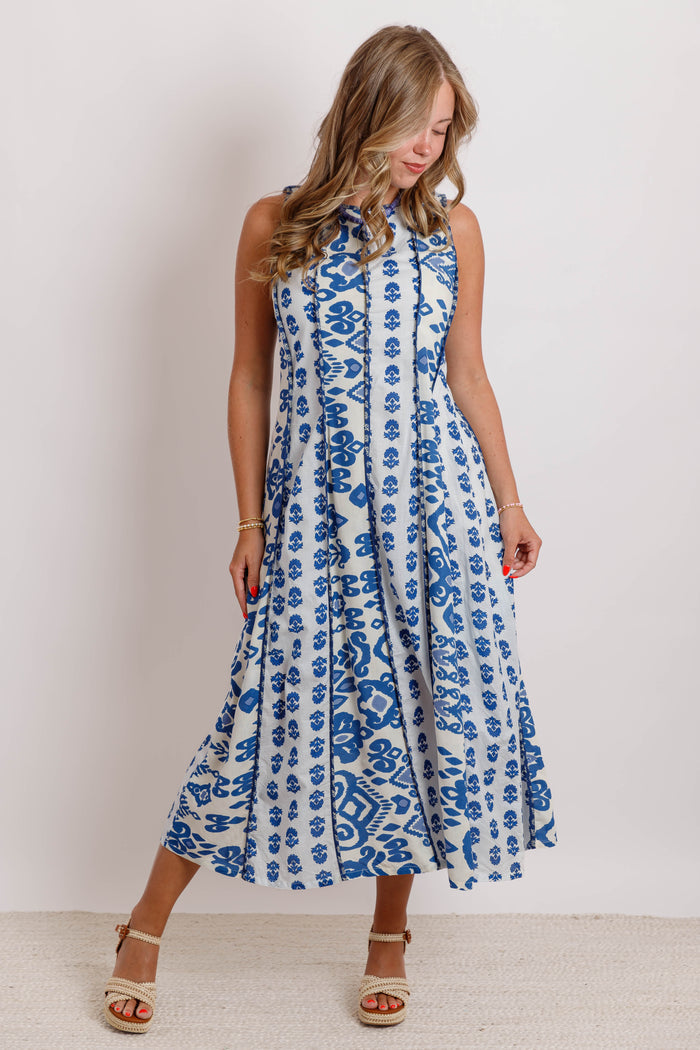 Sleeveless Printed Midi Dress- Blue Multi Pattern Midi Dress- THML Midi Dress