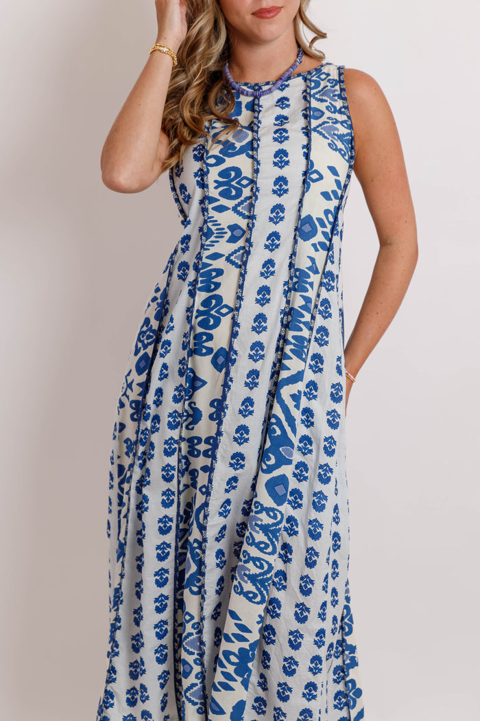 Sleeveless Printed Midi Dress- Blue Multi Pattern Midi Dress- THML Midi Dress