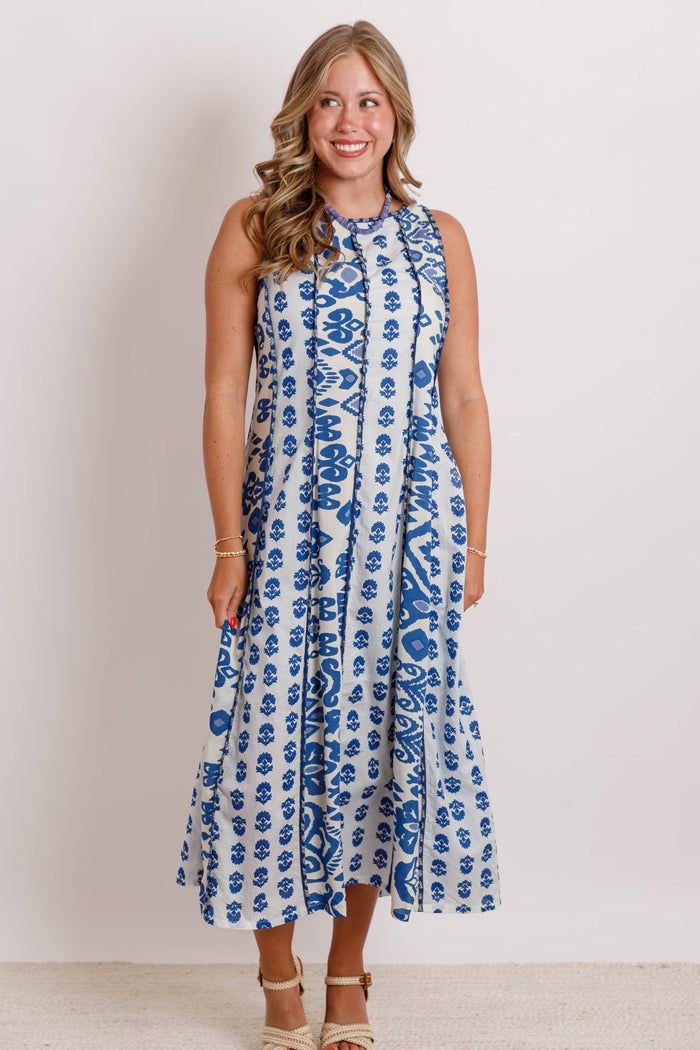 Sleeveless Printed Midi Dress- Blue Multi Pattern Midi Dress- THML Midi Dress