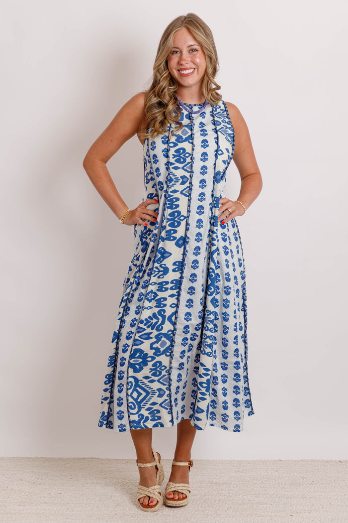 Sleeveless Printed Midi Dress- Blue Multi Pattern Midi Dress- THML Midi Dress