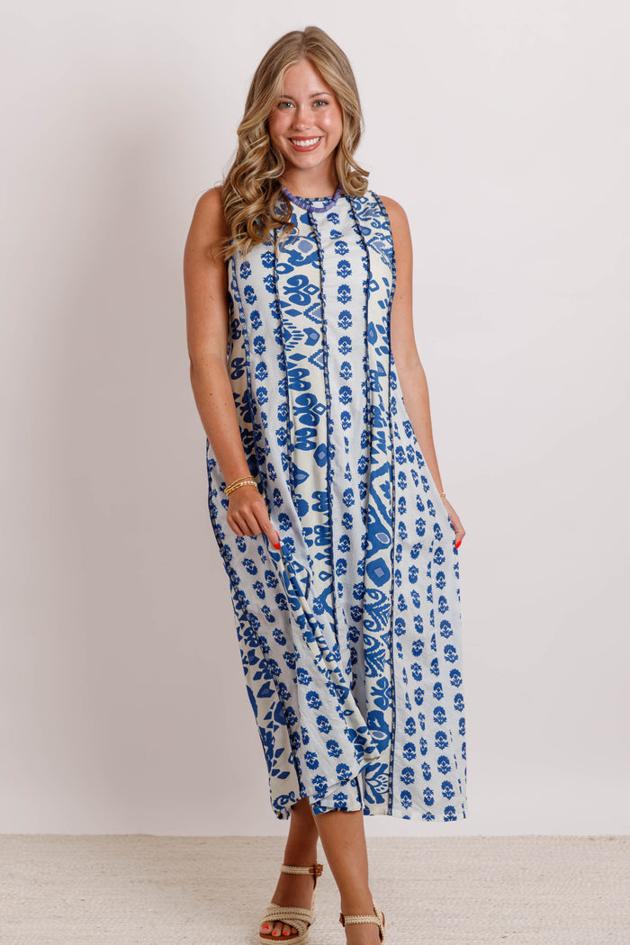Sleeveless Printed Midi Dress- Blue Multi Pattern Midi Dress- THML Midi Dress