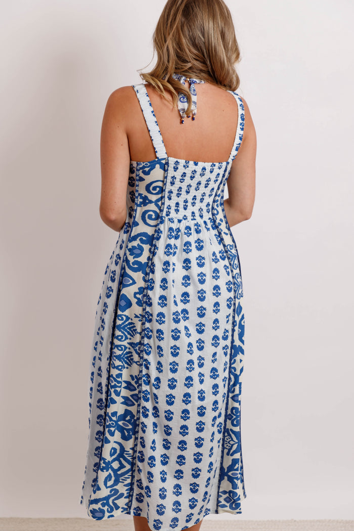 Sleeveless Printed Midi Dress- Blue Multi Pattern Midi Dress- THML Midi Dress