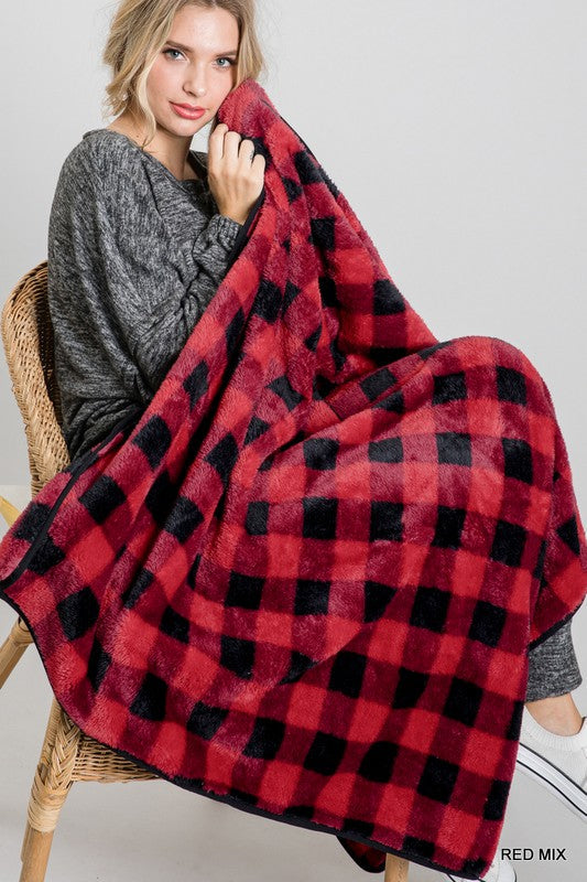 Checkered Faux Fur Blanket 7560 - Red Mix