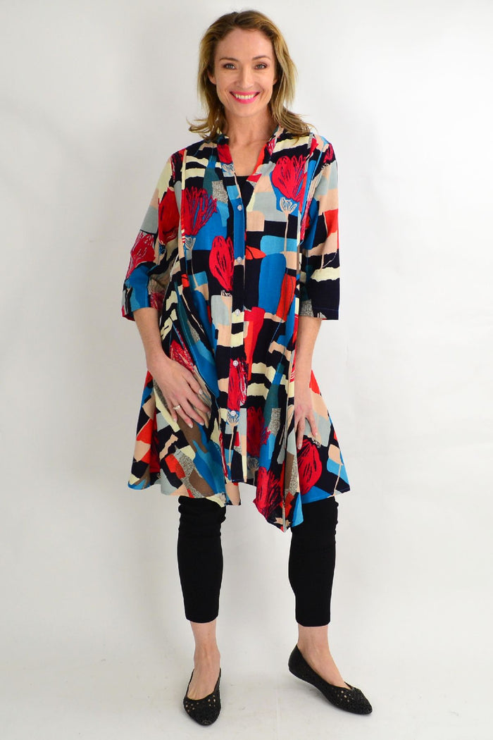 Light blue Hourglass Cheery Tulip Stand Collar Long Shirt tunic with a relaxed fit and stand collar, displayed on a hanger.