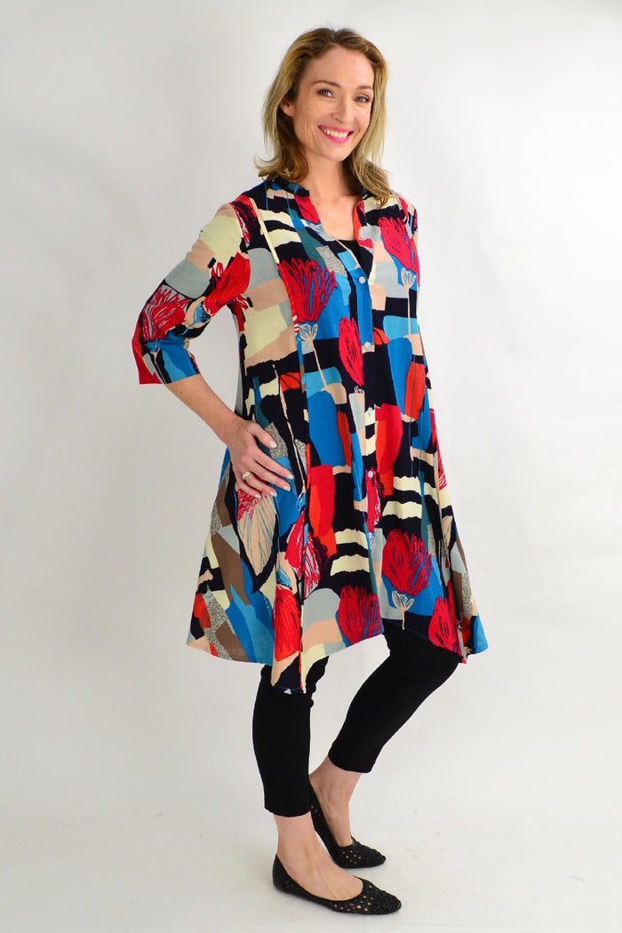 Hourglass cheery tulip stand collar long shirt tunic displayed with vibrant tulip pattern and relaxed fit.