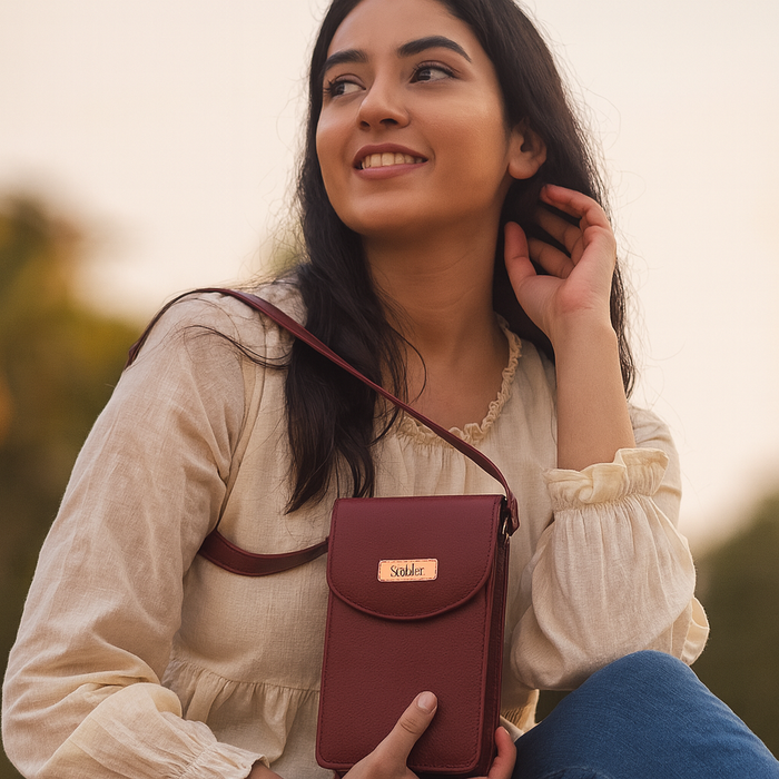 Women's cherry red leather phone crossbody sling bag for travel, work, and daily use-model image
