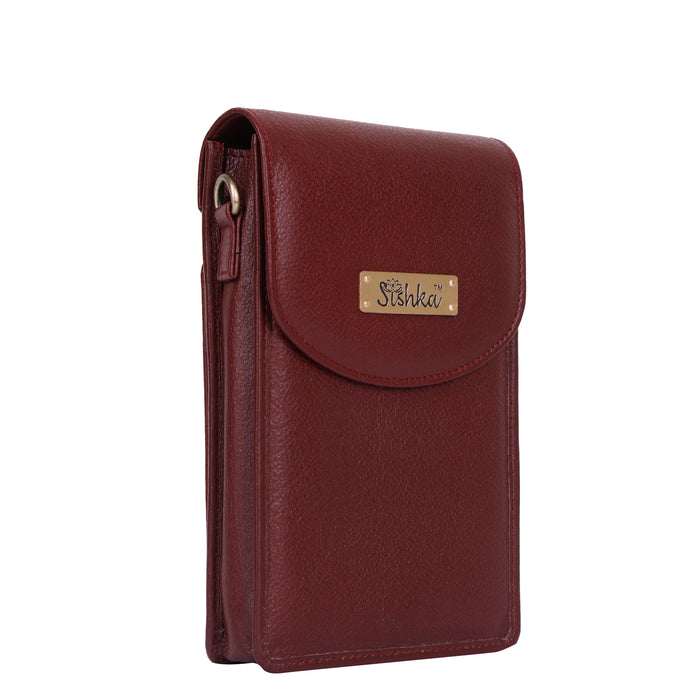 Women's cherry red leather phone crossbody sling bag for travel, work, and daily use-half side view