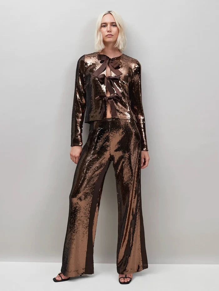 Chocolate Brown Bow Front Sequin Jacket