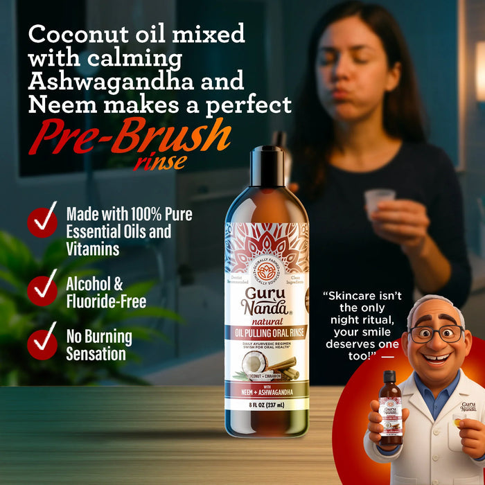 Bottle of Guru Nanda oil pulling product with text about its ingredients and benefits, and a woman using it. #size_8-fl-oz