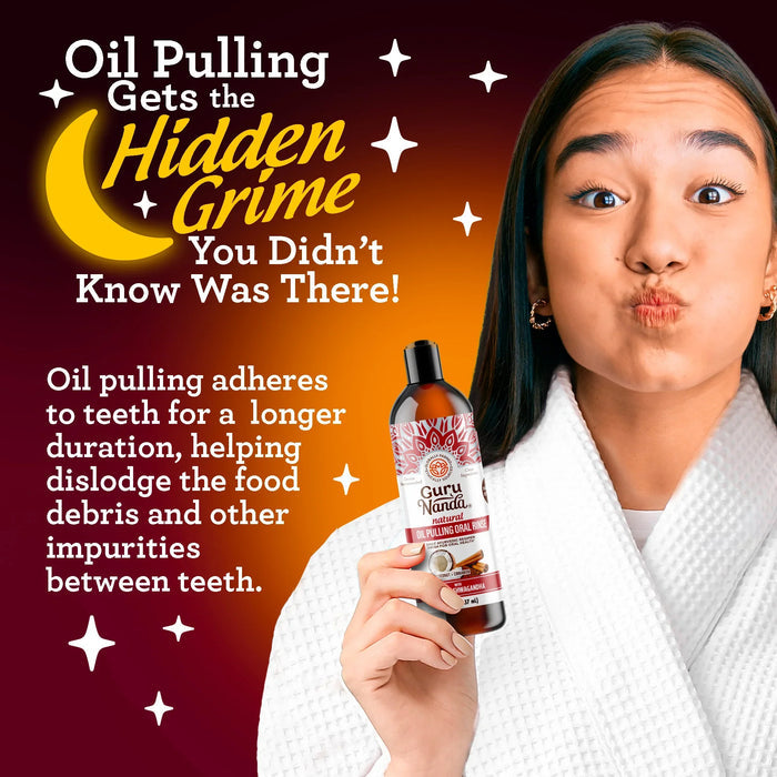 Woman holding a bottle of oil pulling product with promotional text on a dark background #size_8-fl-oz